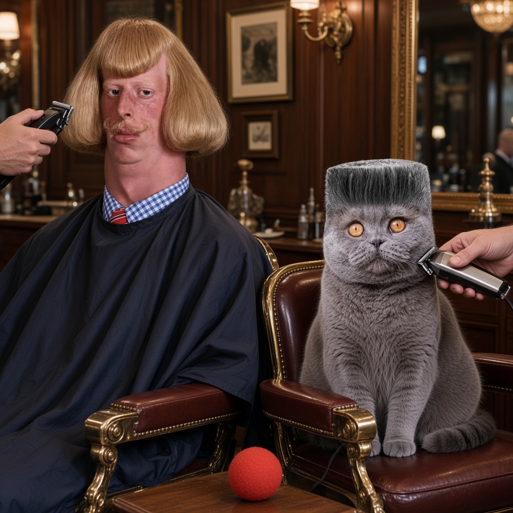 Jean Phil and Folk Valley Cat in matching barber chairs