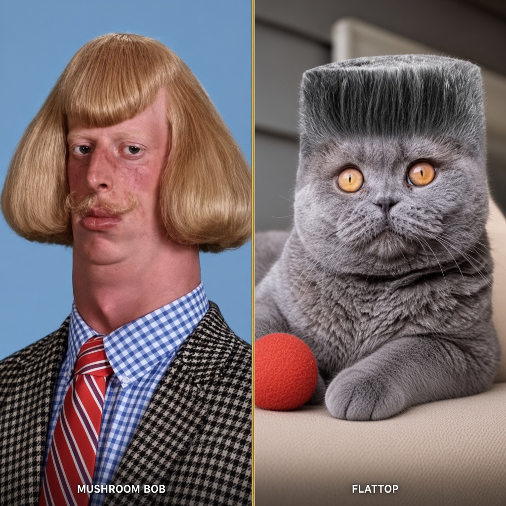 Jean Phil mushroom bob next to Folk Valley Cat flattop
