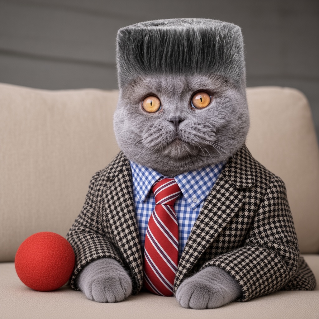 Folk Valley Cat in Jean Phil tweed, gingham, and red tie