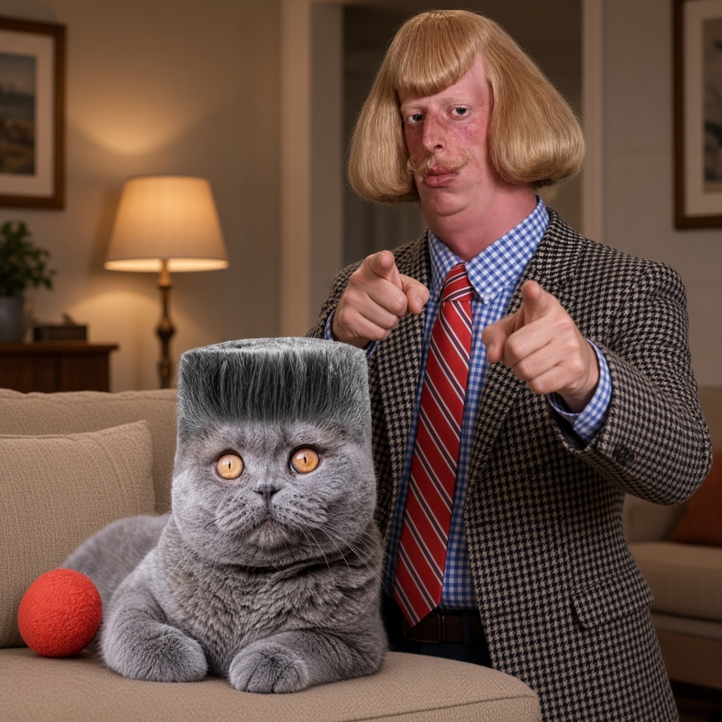 Jean Phil pointing at the camera with Folk Valley Cat on the sofa