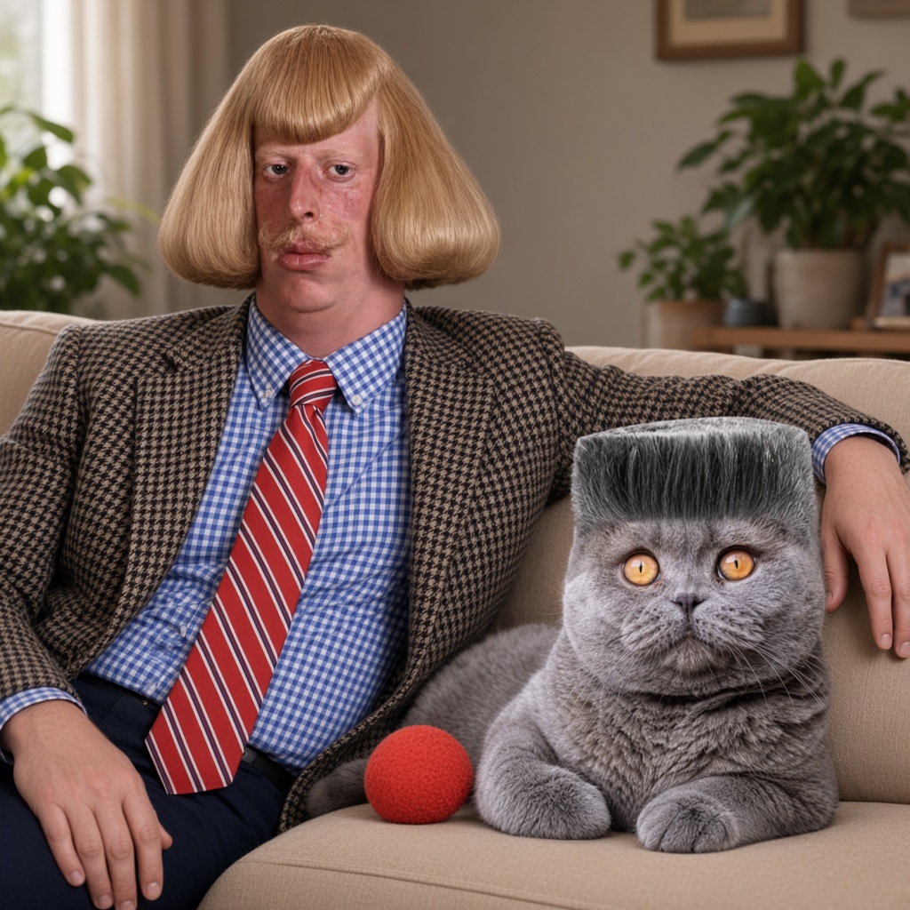 Jean Phil and Folk Valley Cat on the beige sofa